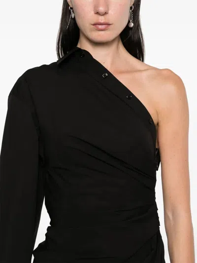 Alexander Wang Asymmetrical Ruched Shirt Dress With Pointed Hem In Black