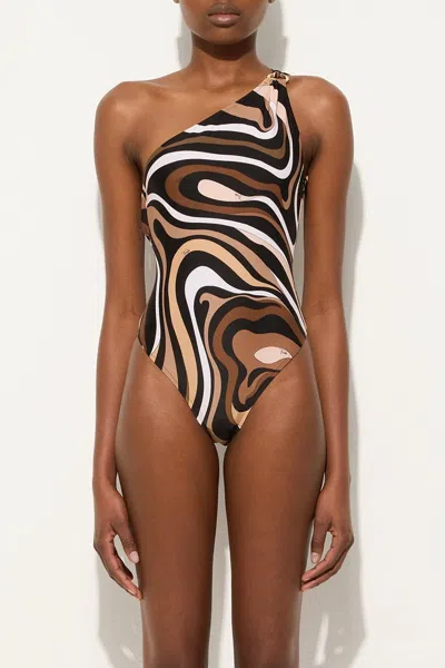 Pucci Marmo-print One-shoulder Swimsuit In Black Gold In Brown