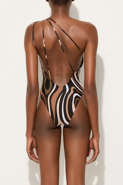 Pucci Marmo-print One-shoulder Swimsuit In Black Gold In Brown
