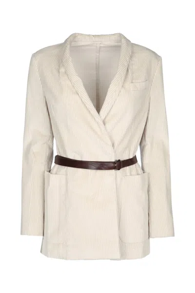 Brunello Cucinelli Waist Belted Jacket With Pockets And Lapel In White