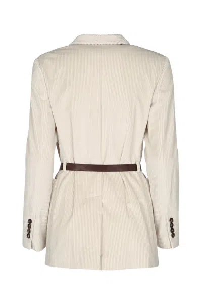 Brunello Cucinelli Waist Belted Jacket With Pockets And Lapel In White