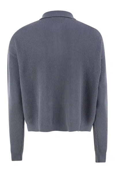 Brunello Cucinelli English Rib Cotton Polo-style Jersey With Jewellery In Blue