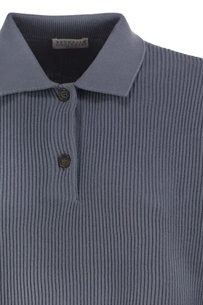 Brunello Cucinelli English Rib Cotton Polo-style Jersey With Jewellery In Blue