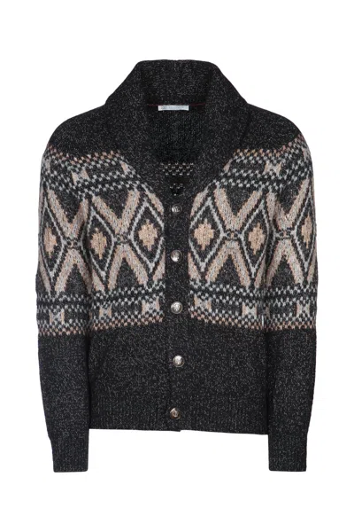 Brunello Cucinelli Geometric Jacquard Cardigan Sweaters And Cardigans Multicolor In Black