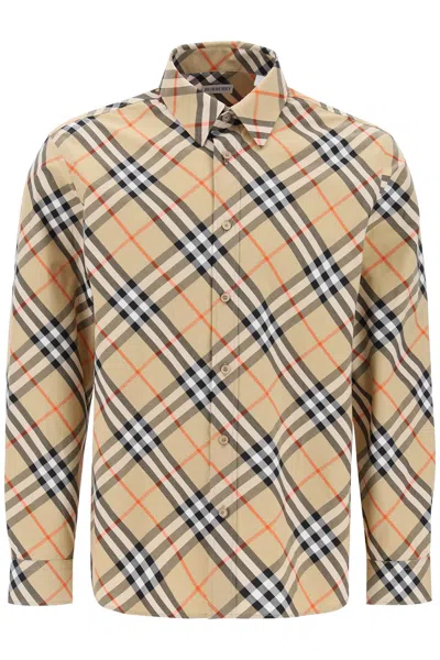 Burberry Men Beige Shirt With Classic Collar And All-over Check Motif In Cotton Man In Multi