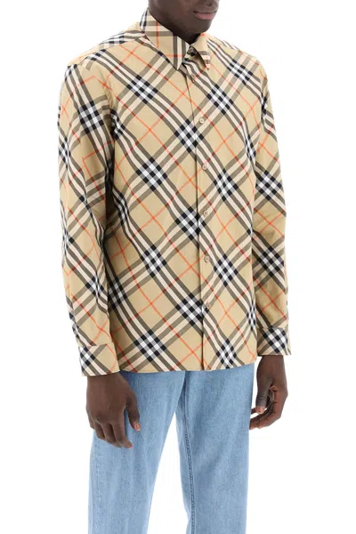 Burberry Men Beige Shirt With Classic Collar And All-over Check Motif In Cotton Man In Multi