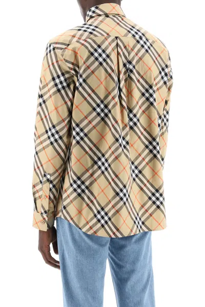 Burberry Men Beige Shirt With Classic Collar And All-over Check Motif In Cotton Man In Multi