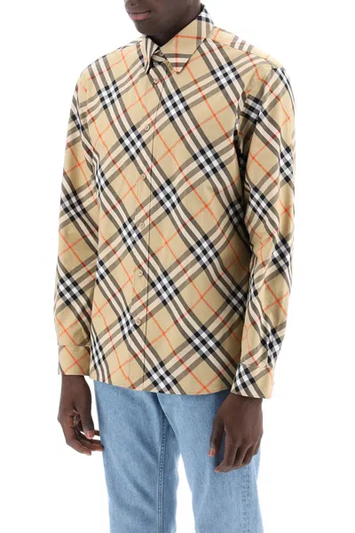 Burberry Men Beige Shirt With Classic Collar And All-over Check Motif In Cotton Man In Multi