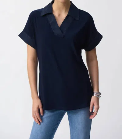 Joseph Ribkoff Collared V-neck Short Sleeve Top In Midnight Blue In Blue