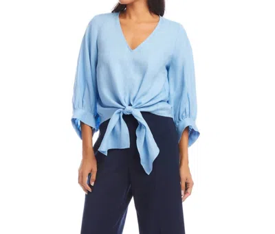 Karen Kane Blouson Sleeve Linen Tie-front Top In Lake In Blue