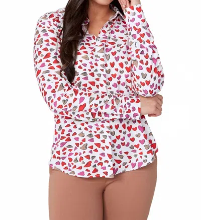 Renuar All Over Hearts Woven Blouse In Tan Combo In Pattern