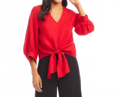 Karen Kane Blouson Sleeve Linen Tie-front Top In Cherry In Red