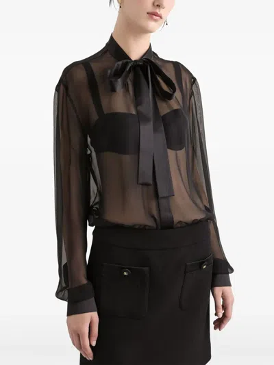 Dolce & Gabbana Black Silk Shirt With Bow In Black