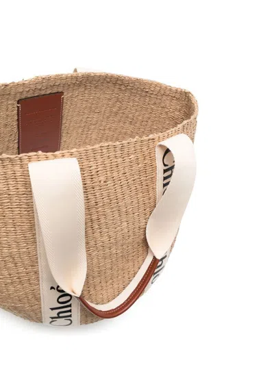 Chloé Woody Large Basket Bag With White Ribbon Women In Brown