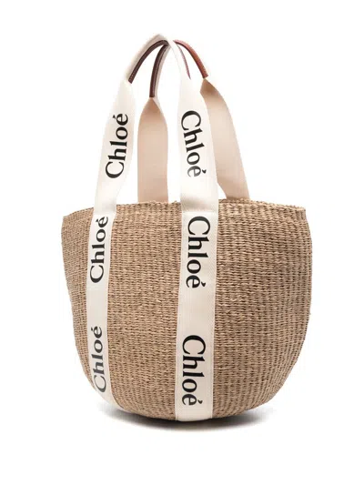 Chloé Woody Large Basket Bag With White Ribbon Women In Brown