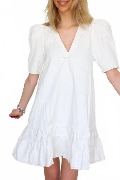Karlie Denim V Neck Ruffle Bottom Mini Dress In Khaki In White
