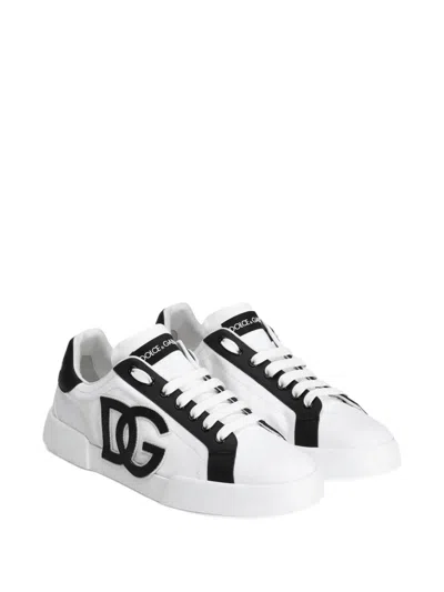Dolce & Gabbana Portofino Low-top Sneaker In Canvas And Nappa Calfskin In White