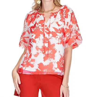 Jade Puff Sleeve Peasant Top In Red Pattern Organza In Multi