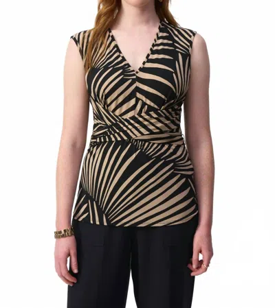 Joseph Ribkoff Tropical Print Waist Sash Flared Top In Black/dune In Multi