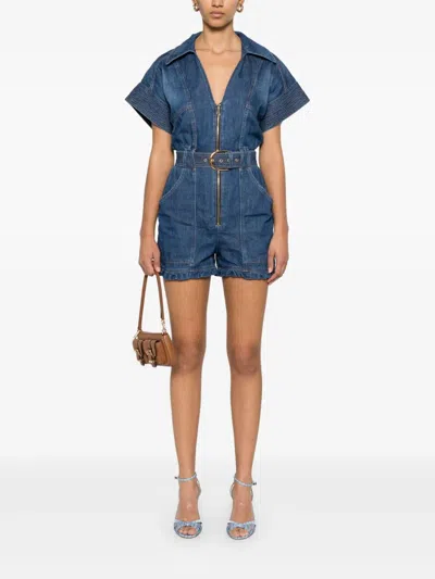 Elisabetta Franchi Mc Denim Short Jumpsuit With Belt Detail In Blue