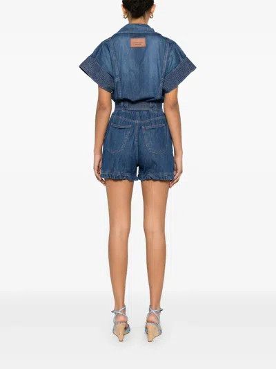 Elisabetta Franchi Mc Denim Short Jumpsuit With Belt Detail In Blue