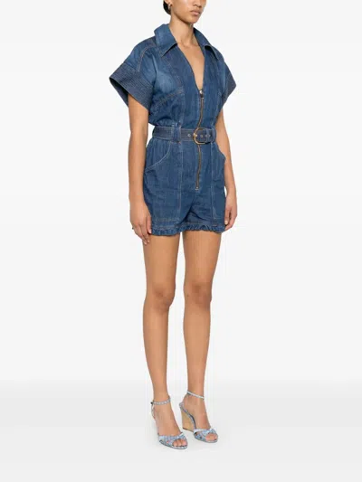 Elisabetta Franchi Mc Denim Short Jumpsuit With Belt Detail In Blue
