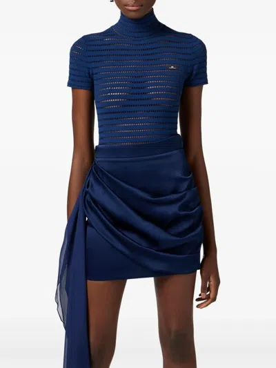 Elisabetta Franchi Navy Knit High Neck Bodysuit In Blue