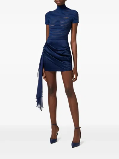 Elisabetta Franchi Navy Knit High Neck Bodysuit In Blue