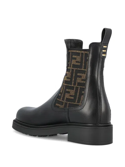 Fendi Filo Leather And Ff Fabric Biker Boots Shoes In Black