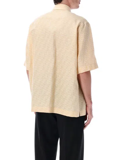 Fendi Men Yellow Shirt With Wide Short Sleeves And All-over Ff Motif In Linen Blend Man In Neutral