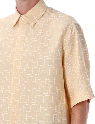 Fendi Men Yellow Shirt With Wide Short Sleeves And All-over Ff Motif In Linen Blend Man In Neutral