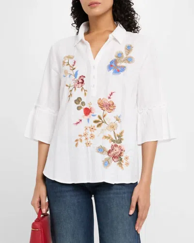 Johnny Was Florrie Ruffle Sleeve Henley Tunic Top In White In Multi