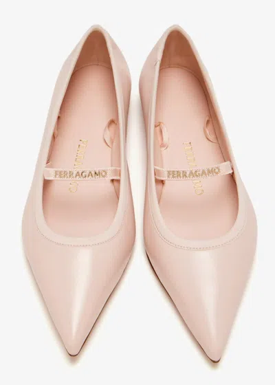Ferragamo Carice Satin-trimmed Leather Ballet Flats In Pink