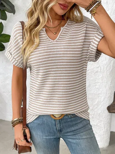 Trendsi Striped Notched Short Sleeve T-shirt In Mocha In Multi