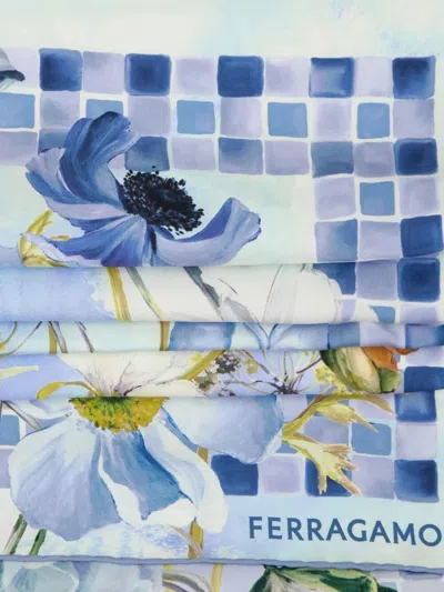 Ferragamo Flower Print Silk Scarf In Blue