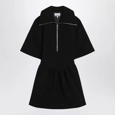 Ganni Mini Dress With Gathered Waist And Short Sleeves In Black