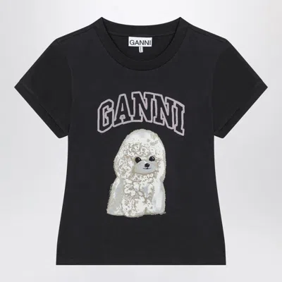 Ganni Washed Black T-shirt With Poodle Print In Animal Print