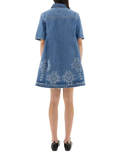 Ganni Denim Dress With Embroidered Hem And Pockets In Blue