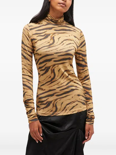 Ganni Tiger Print Long Sleeve Turtleneck Knitwear In Multi