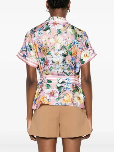 Dolce & Gabbana Pink Mc Shirt With Flower Print And Belt In Multi