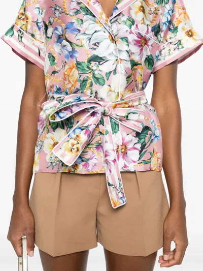 Dolce & Gabbana Pink Mc Shirt With Flower Print And Belt In Multi