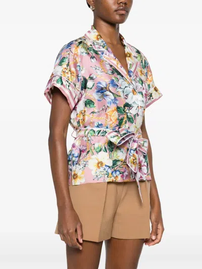 Dolce & Gabbana Pink Mc Shirt With Flower Print And Belt In Multi