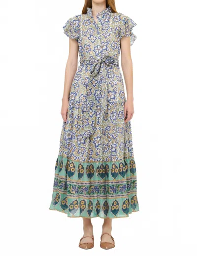 Oliphant Women's Ruffle Collar Button Maxi Dress In Ivy Cobalt In Animal Print