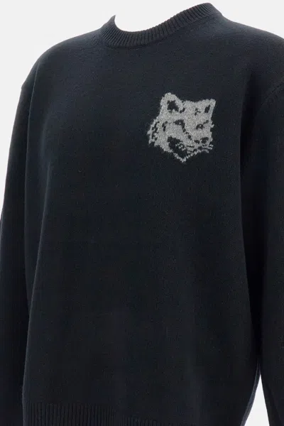 Maison Kitsuné Crew Neck Sweater With Large Fox Embroidery Black In Black