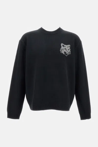 Maison Kitsuné Crew Neck Sweater With Large Fox Embroidery Black In Black