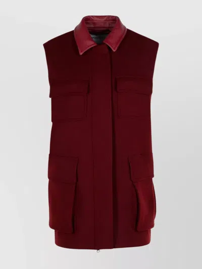 Max Mara Sleeveless Jacket With Leather Collar And Pockets In Animal Print