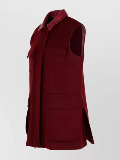 Max Mara Sleeveless Jacket With Leather Collar And Pockets In Animal Print