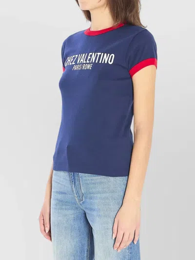Valentino Crewneck Short Sleeves Contrast Trim Tops In Blue