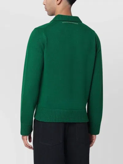 Sacai Wool Sweater With Polo Collar And Ribbed Cuffs In Green