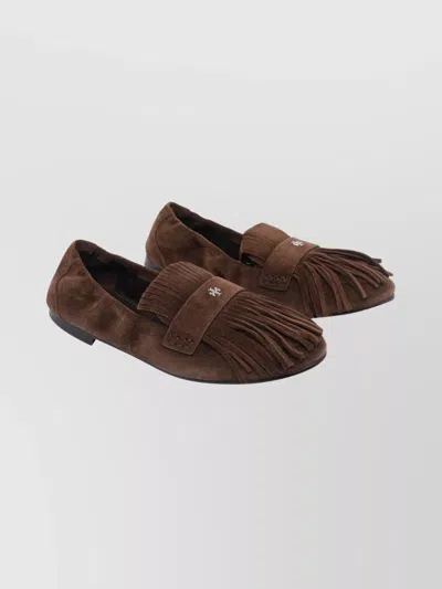 Tory Burch Ballet Fringe Suede Loafers With Rubber Sole In Brown